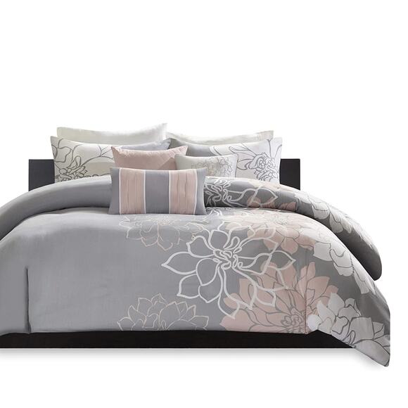 Madison Park Lola Queen Comforter shams skirt pillows Set Grey/Pink/White  NEW - Picture 4 of 11